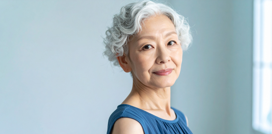 Image of Asian older woman in her 70s with the text